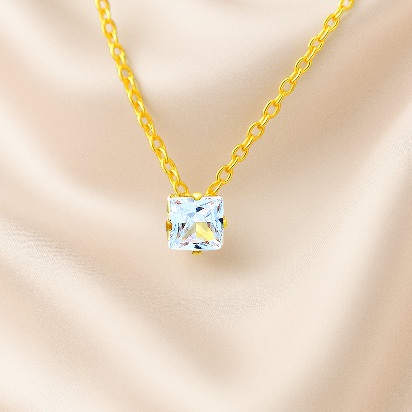 Blue Aquamarine CZ Gem Necklace, Princess Cut, Square, March Birthstone