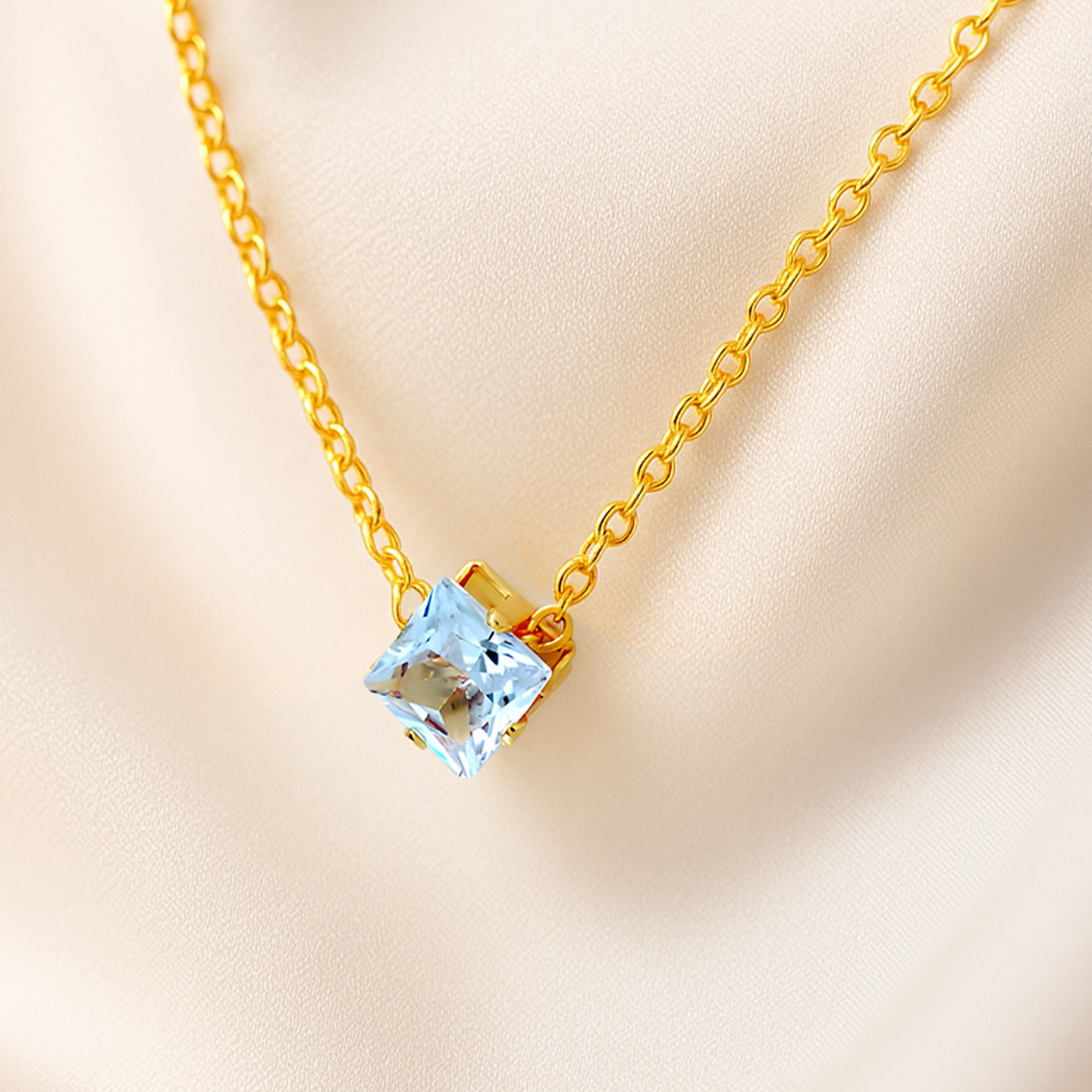 Blue Aquamarine CZ Gem Necklace, Princess Cut, Square, March Birthstone