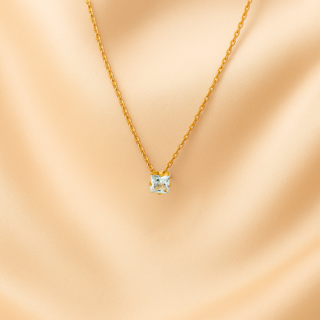 Blue Aquamarine CZ Gem Necklace, Princess Cut, Square, March Birthstone